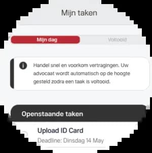 Live overzicht van de status van een juridische zaak in The Law Firm-dashboard met uitgevoerde acties en updates