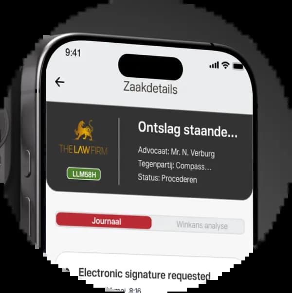 Mobiele app van The Law Firm met actuele zaakstatus, voortgang en juridische updates voor cliënten.